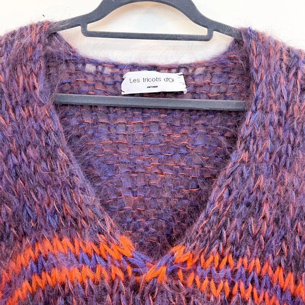 Les Tricots d'O Purple Kid Mohair Blend Striped Hand Knit V Neck Chunky Sweater - Picture 7 of 11